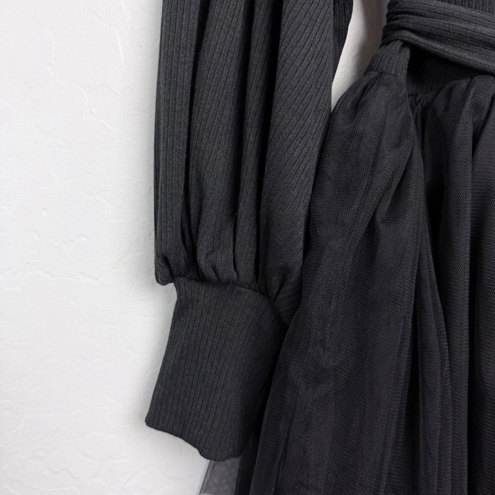 NEW‎ Ivy City Co Cosette Midi Dress Black Ribbed Tulle Tiered Womens Small - Picture 4 of 10